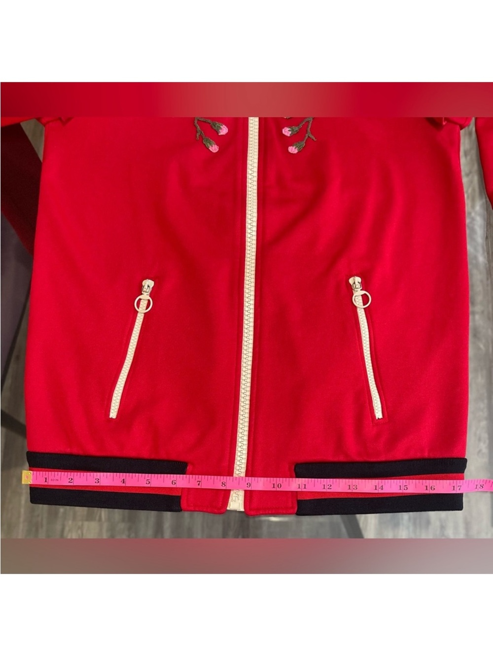 Gucci Red Embroidered Ruffle-Shoulder Bomber Jacket - Picture 4 of 11